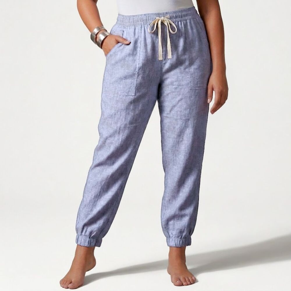 Calvin Klein XL Chambray Linen Blend Jogger Pants Blue Drawstring Lounge NWT